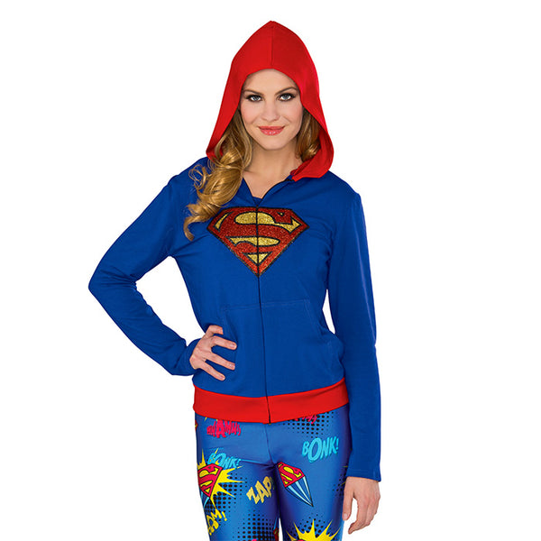 Supergirl sweater for adult or teen women, with red hood and glittery emblem, for costume or cosplay. From Rubie's Costumes.