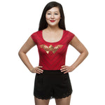 Wonder woman shirt bodysuit. Red with gold foil and stripes for costume or cosplay.