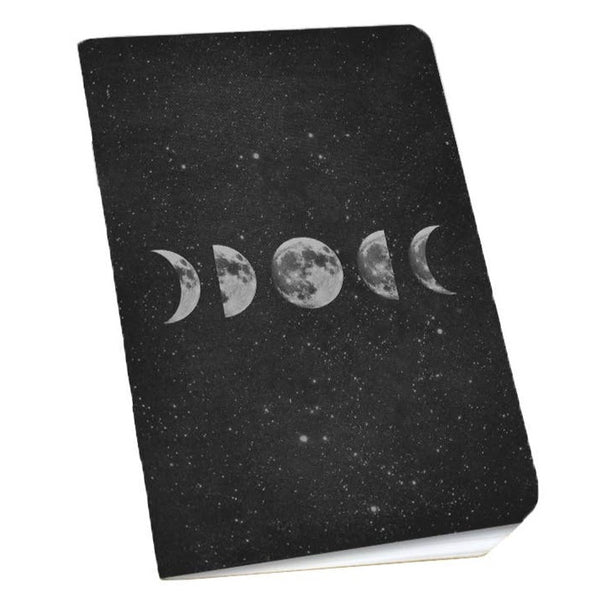 Pack of two small mini notebooks showing the phases of the moon against a starry space background.