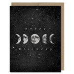 Space-themed Happy Birthday card showing the phases of the moon against a starry space background! Vintage style.