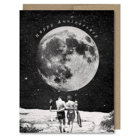 Space themed Happy Anniversary anniversary card showing man and woman walking under a giant full moon. Vintage style.