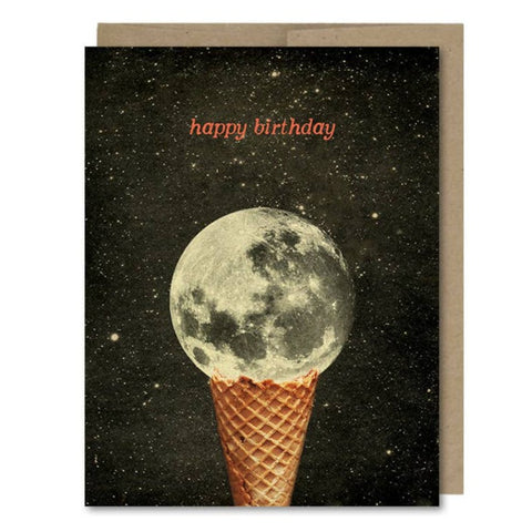 Space-themed Happy Birthday card showing an ice cream cone with a full moon as the scoop of ice cream in space! Vintage style.