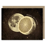 Space-themed Happy Birthday card showing the moon as citrus fruit orange, grapefruit or lemon  in space! Vintage style.