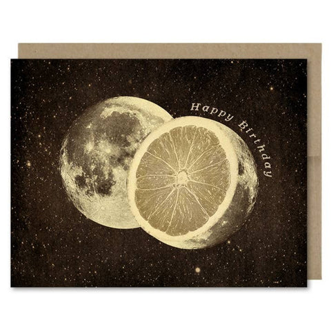 Space-themed Happy Birthday card showing the moon as citrus fruit orange, grapefruit or lemon  in space! Vintage style.