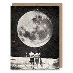 Space-themed card showing a giant full moon, and a cowboy on horseback in the foreground. Vintage style.