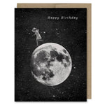 Space-themed Happy Birthday card showing a young girl child or woman running on the moon in space! Vintage style.
