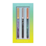 Cosmos space pen set of three galaxy printed black ballpoint pens - the perfect gift for space lovers! Shown in packaging..