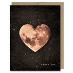 Space-themed Thank You card showing a pink, heart-shaped moon in space! Vintage style.