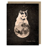 Space-themed Thank You card showing a cat or kitten crawling on a full moon in space! Vintage style.