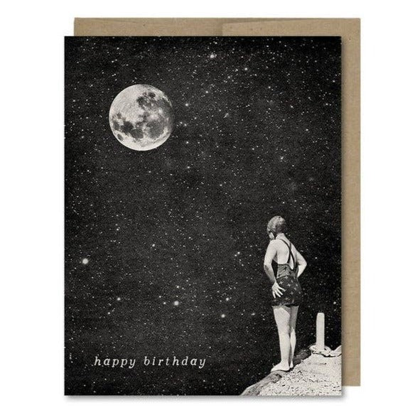 Space-themed Happy Birthday card showing a girl in a vintage swimsuit standing on the edge of a pier in space, with a full moon! Vintage style.