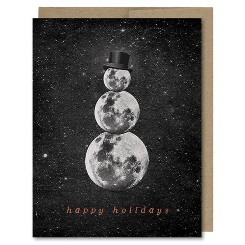 Space-themed Happy Holidays Christmas card showing a snowman in space, made of three full moons! Vintage style.