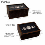 Wooden trinket boxes with moon phases on the sliding lid, showing box dimensions.