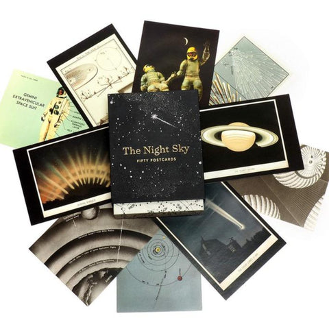 The Night Sky vintage space postcard set by Princeton Architectural Press, showing postcards of astronauts, planet Saturn and more!